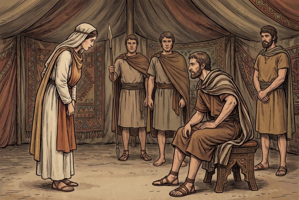 Comic book style illustration depicting a scene from Judith chapter 11