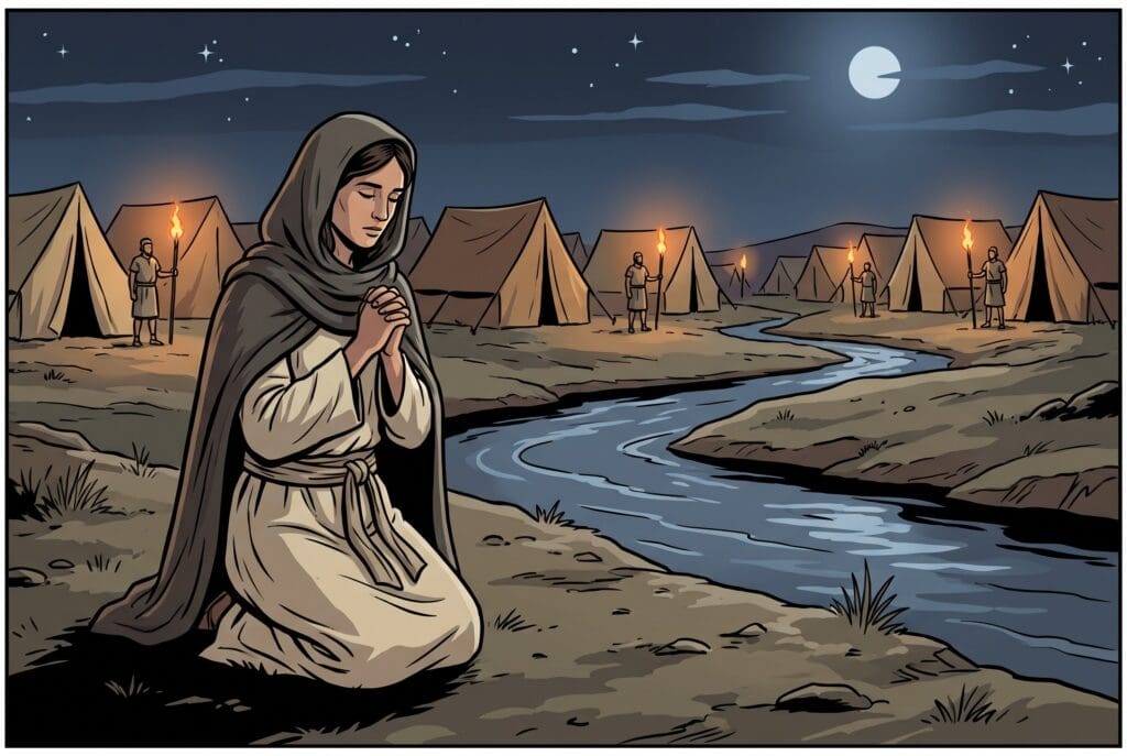 Comic book style illustration depicting a scene from Judith chapter 12