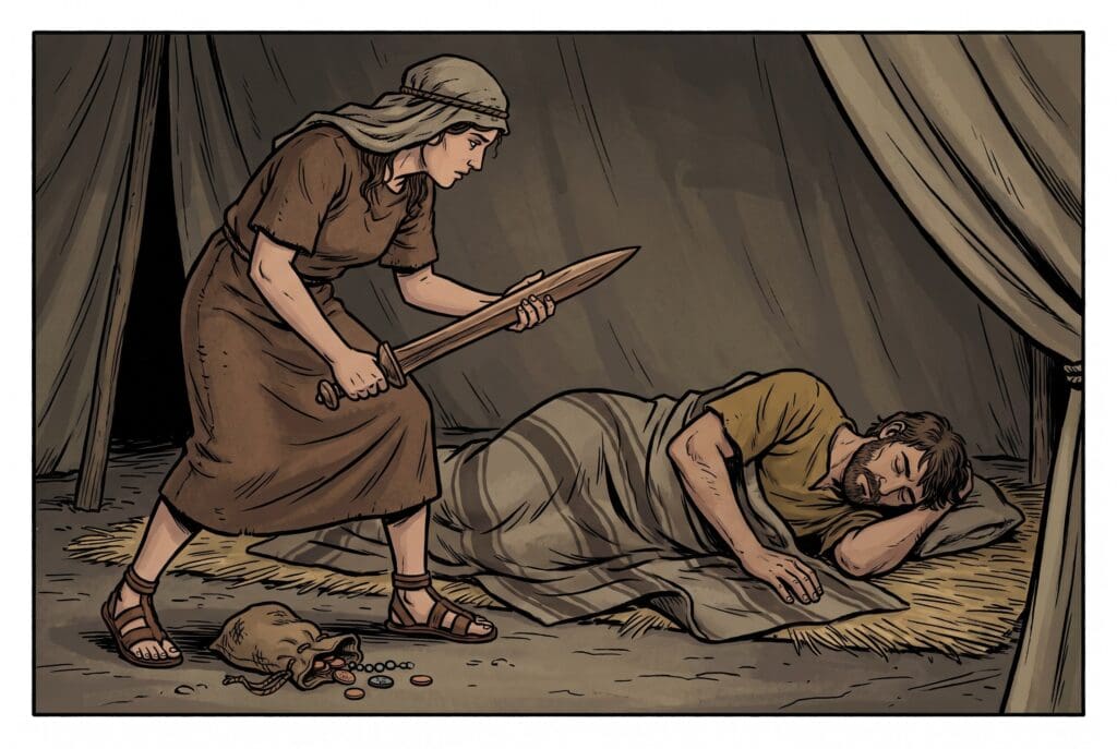 Comic book style illustration depicting a scene from Judith chapter 13