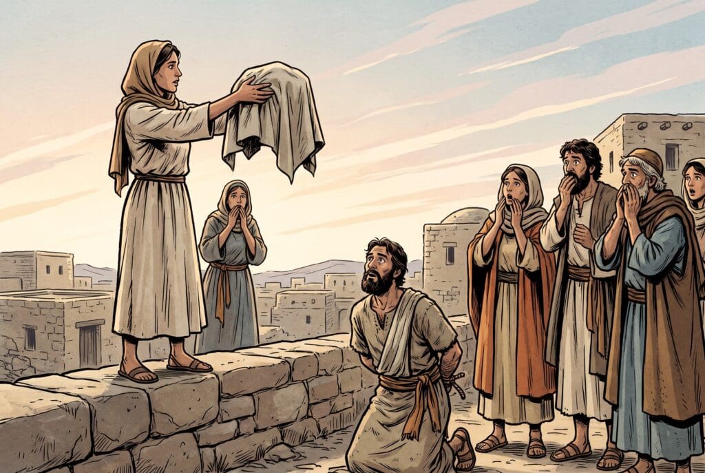 Comic book style illustration depicting a scene from Judith chapter 14