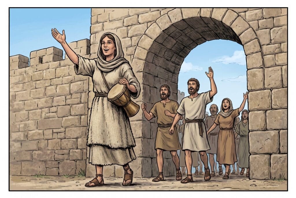 Comic book style illustration depicting a scene from Judith chapter 16