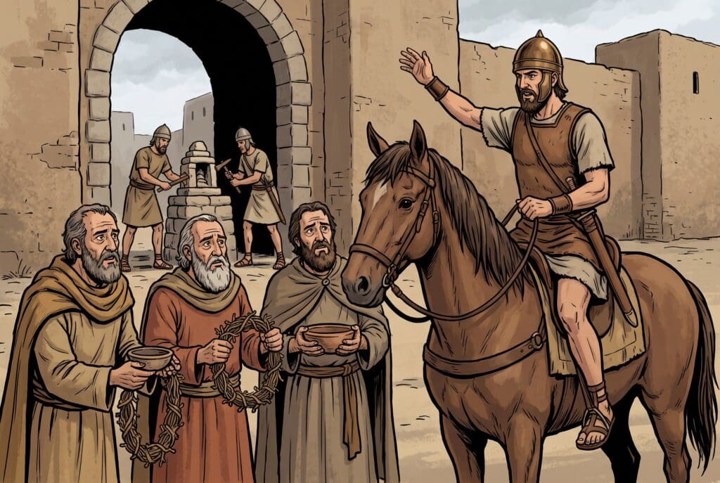 Comic book style illustration depicting a scene from Judith chapter 3