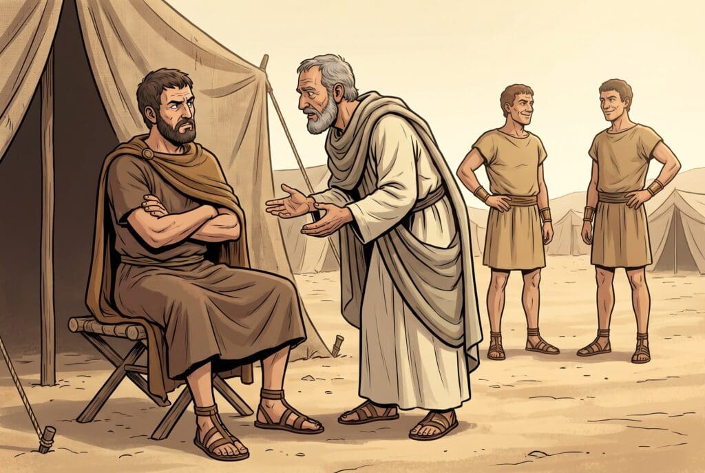 Comic book style illustration depicting a scene from Judith chapter 5