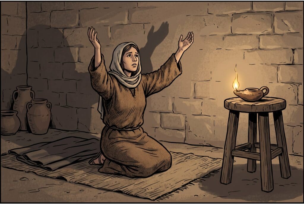 Comic book style illustration depicting a scene from Judith chapter 9