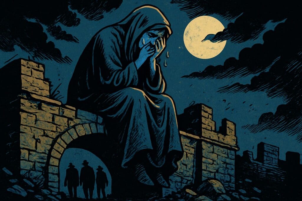 Comic book style illustration depicting a scene from Lamentations chapter 1