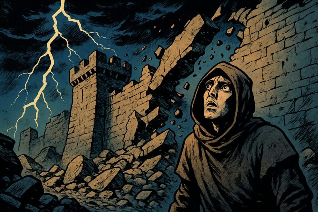 Comic book style illustration depicting a scene from Lamentations chapter 2