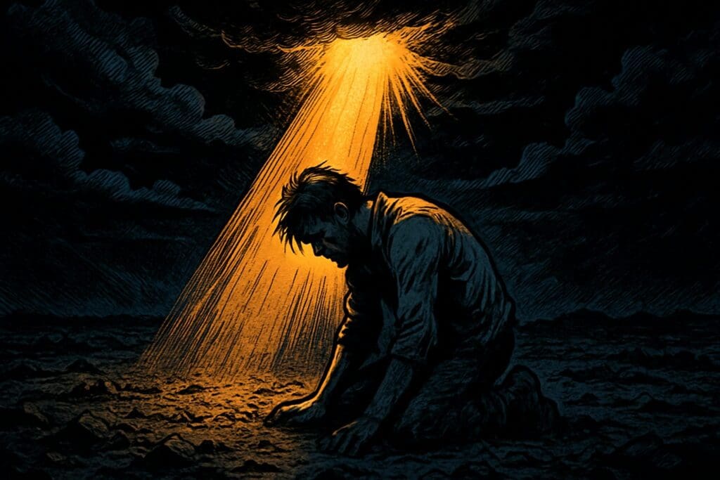 Comic book style illustration depicting a scene from Lamentations chapter 3