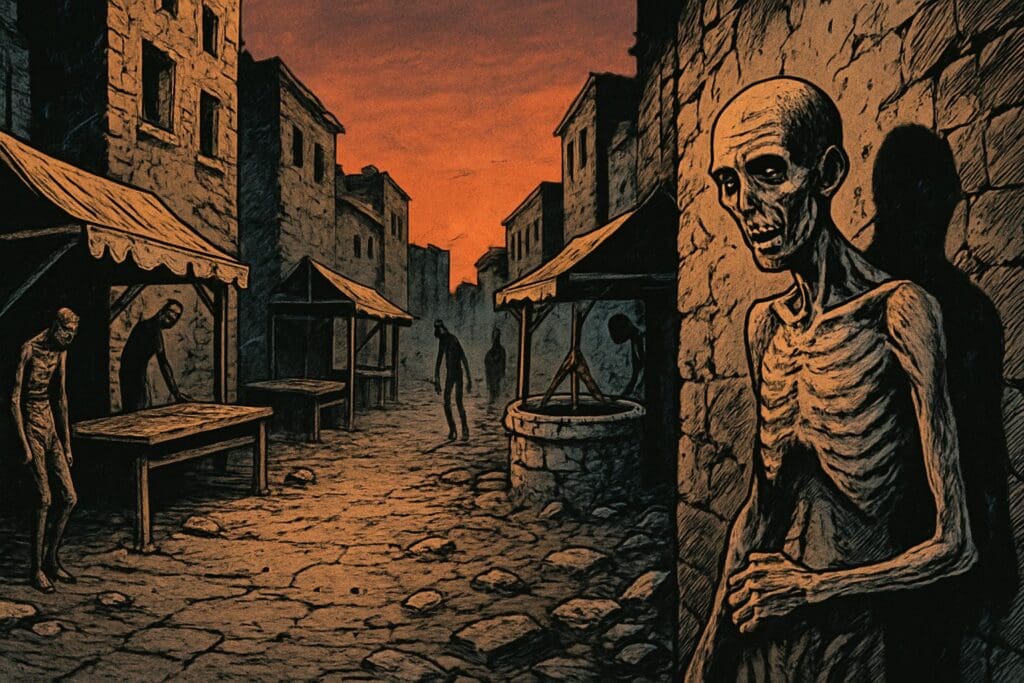 Comic book style illustration depicting a scene from Lamentations chapter 4