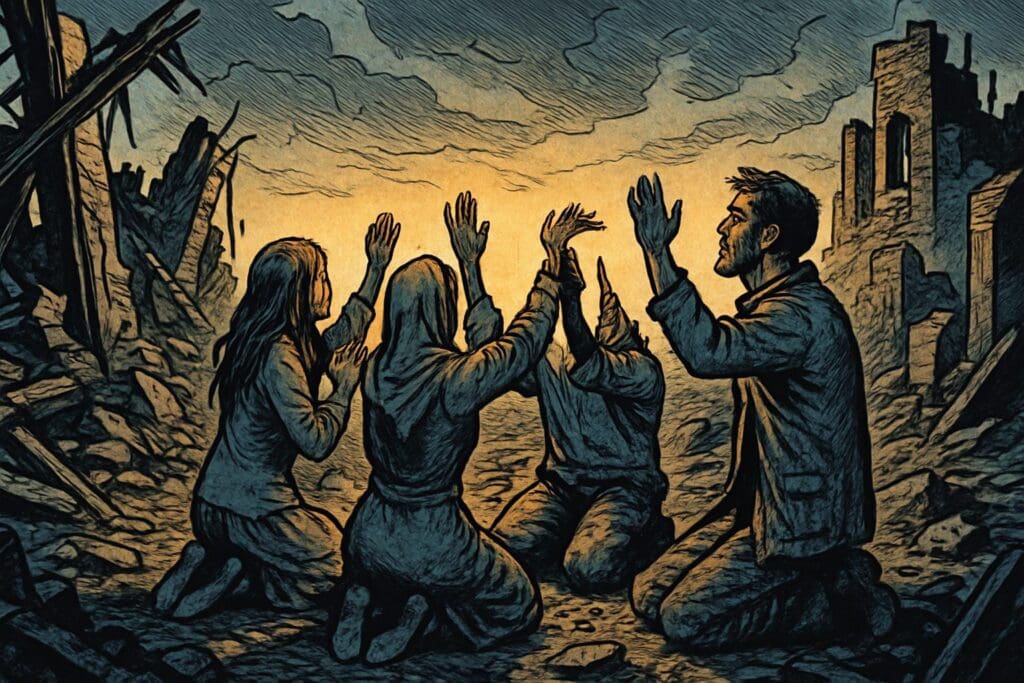 Comic book style illustration depicting a scene from Lamentations chapter 5
