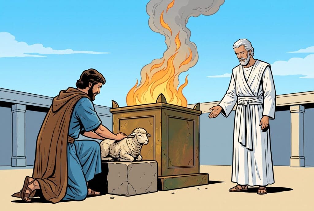 Comic book style illustration depicting a scene from Leviticus chapter 1