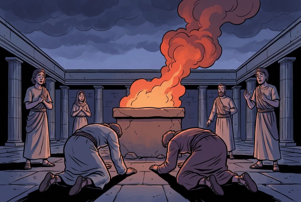 Comic book style illustration depicting a scene from Leviticus chapter 10
