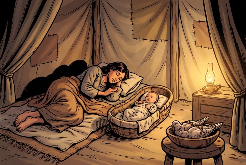 Comic book style illustration depicting a scene from Leviticus chapter 12