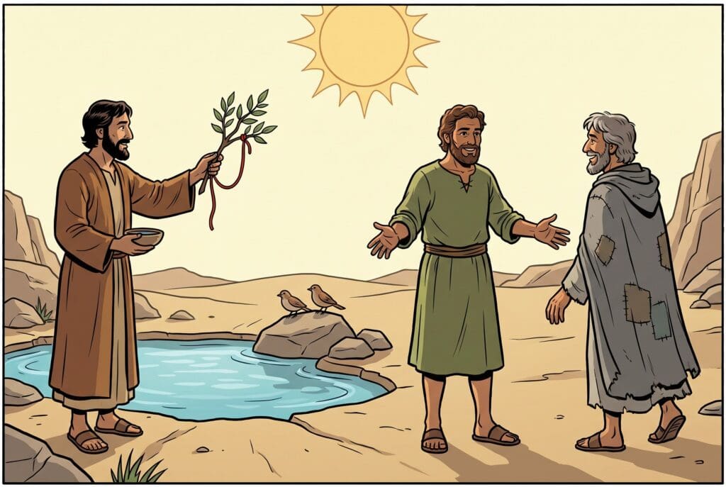 Comic book style illustration depicting a scene from Leviticus chapter 14