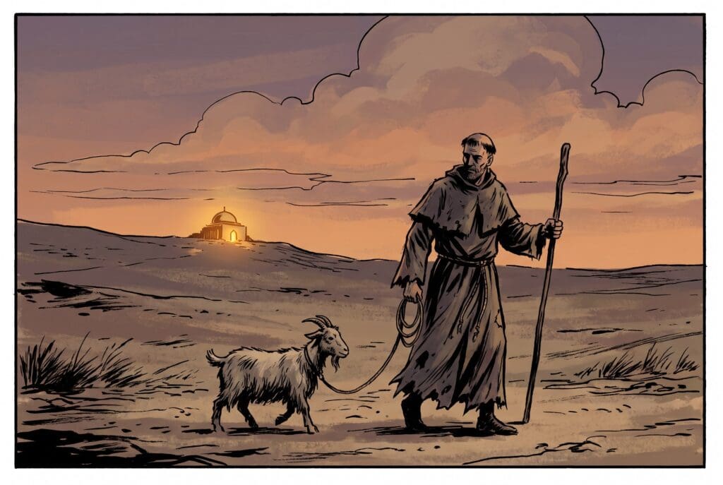 Comic book style illustration depicting a scene from Leviticus chapter 16