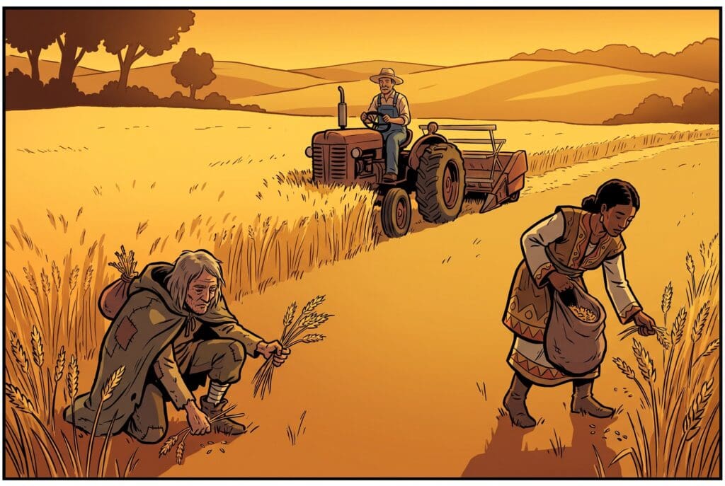 Comic book style illustration depicting a scene from Leviticus chapter 19