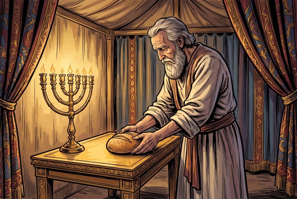 Comic book style illustration depicting a scene from Leviticus chapter 24