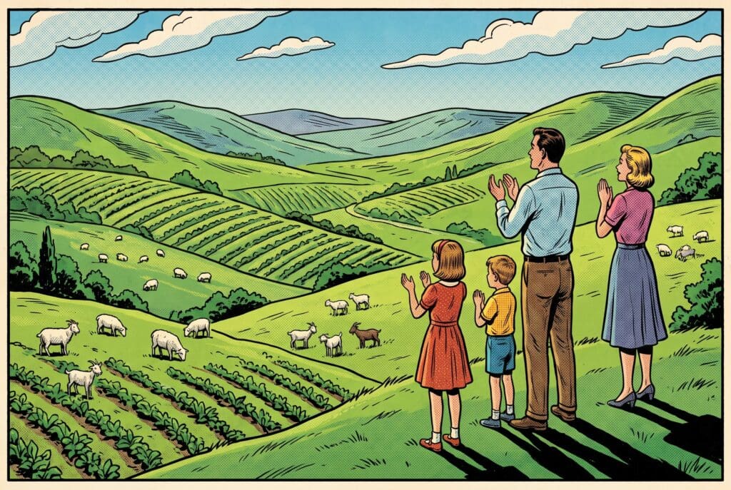 Comic book style illustration depicting a scene from Leviticus chapter 26