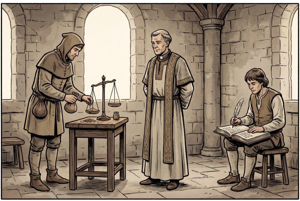 Comic book style illustration depicting a scene from Leviticus chapter 27