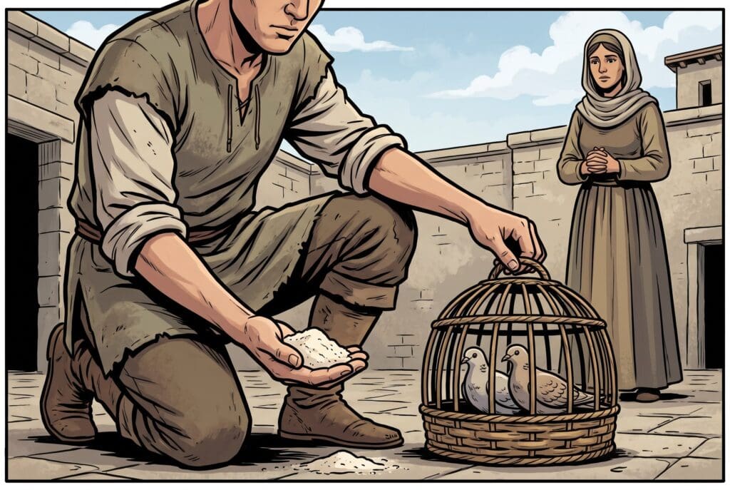 Comic book style illustration depicting a scene from Leviticus chapter 5