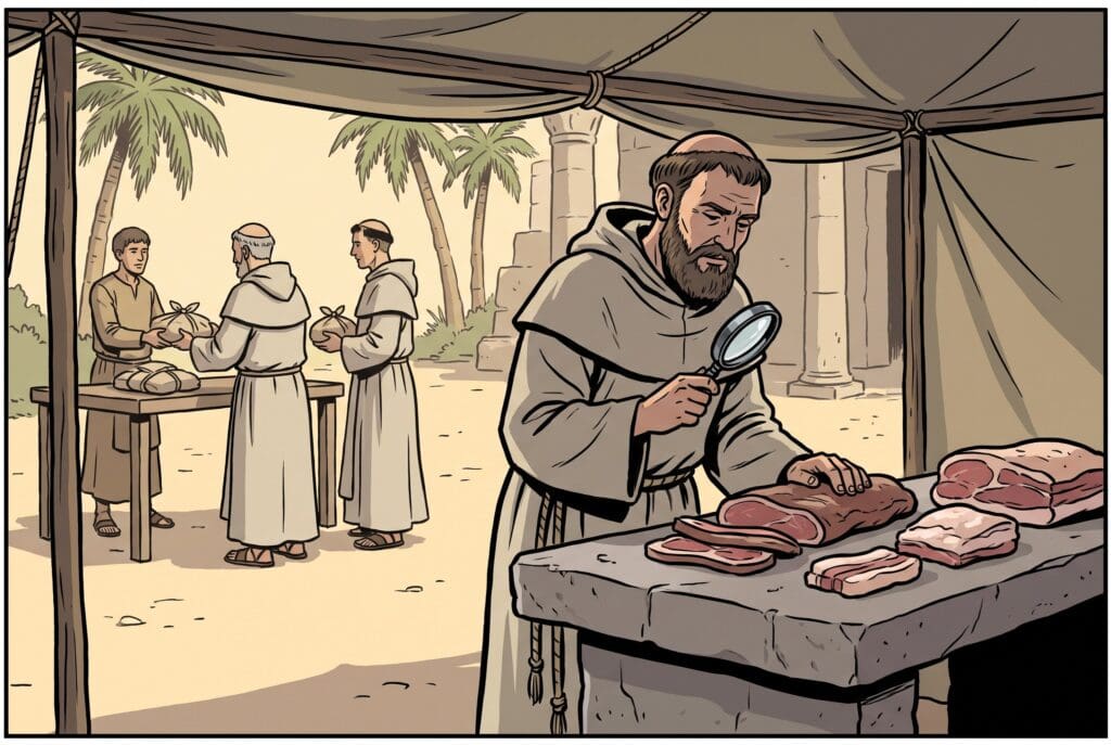 Comic book style illustration depicting a scene from Leviticus chapter 7