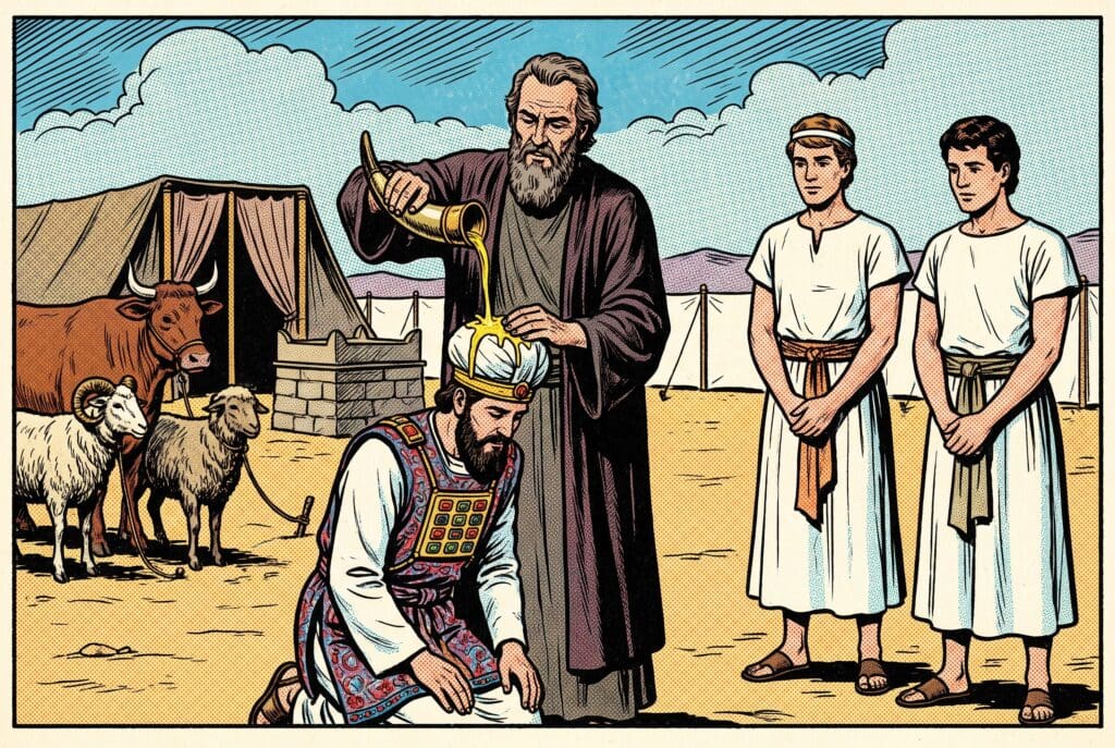 Comic book style illustration depicting a scene from Leviticus chapter 8