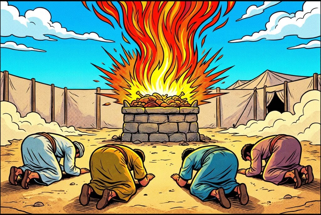 Comic book style illustration depicting a scene from Leviticus chapter 9