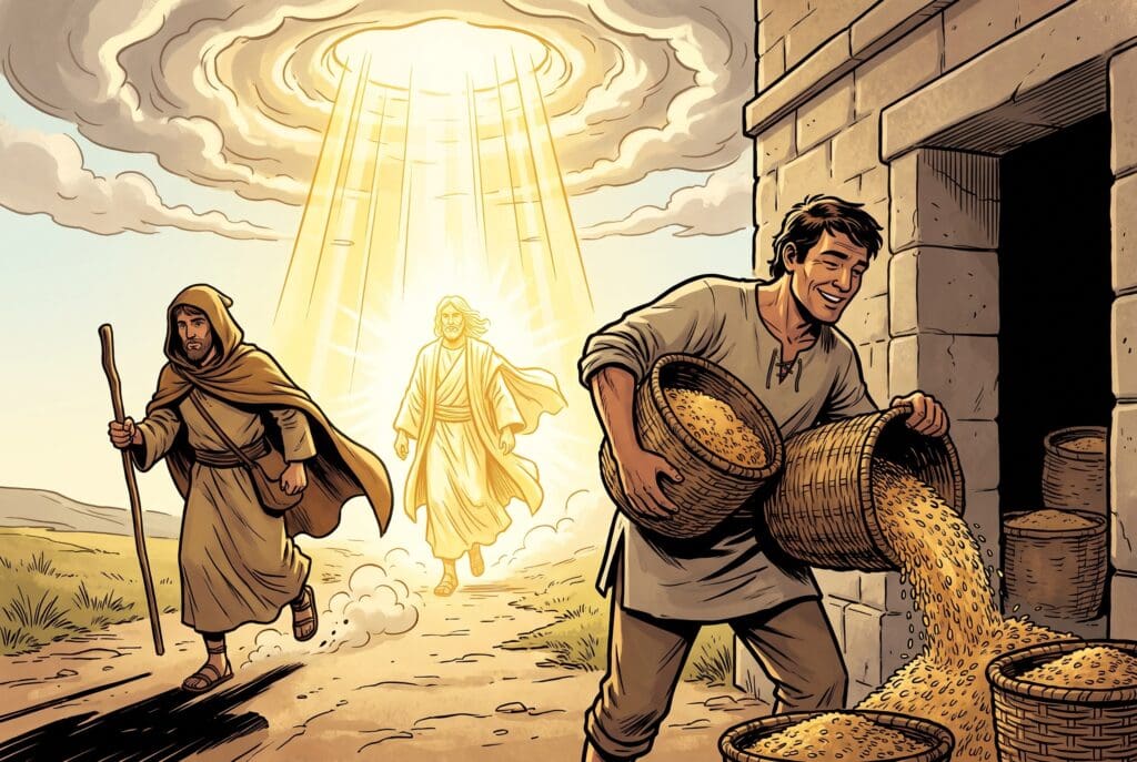 Comic book style illustration depicting a scene from Malachi chapter 3
