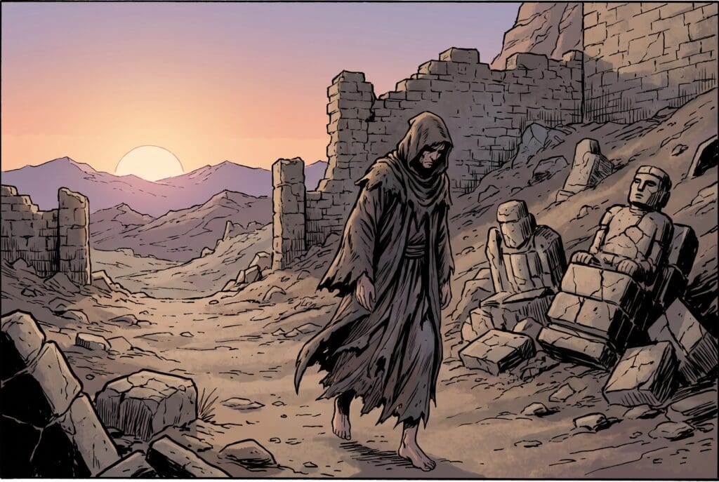 Comic book style illustration depicting a scene from Micah chapter 1