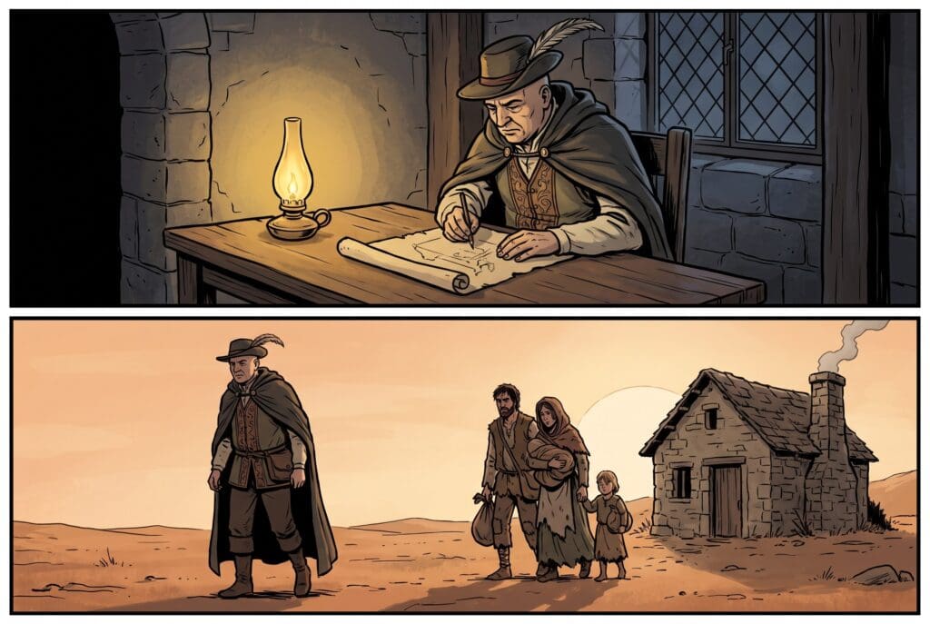 Comic book style illustration depicting a scene from Micah chapter 2