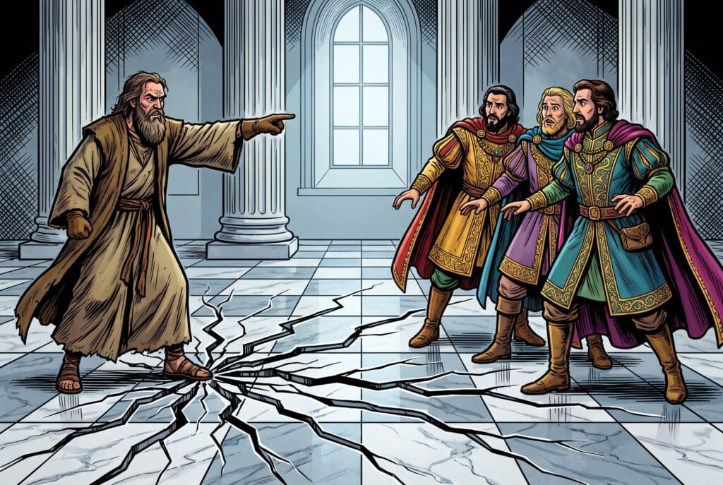 Comic book style illustration depicting a scene from Micah chapter 3
