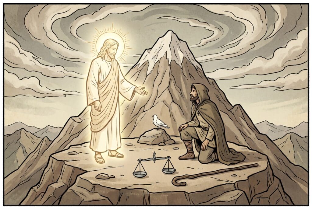 Comic book style illustration depicting a scene from Micah chapter 6