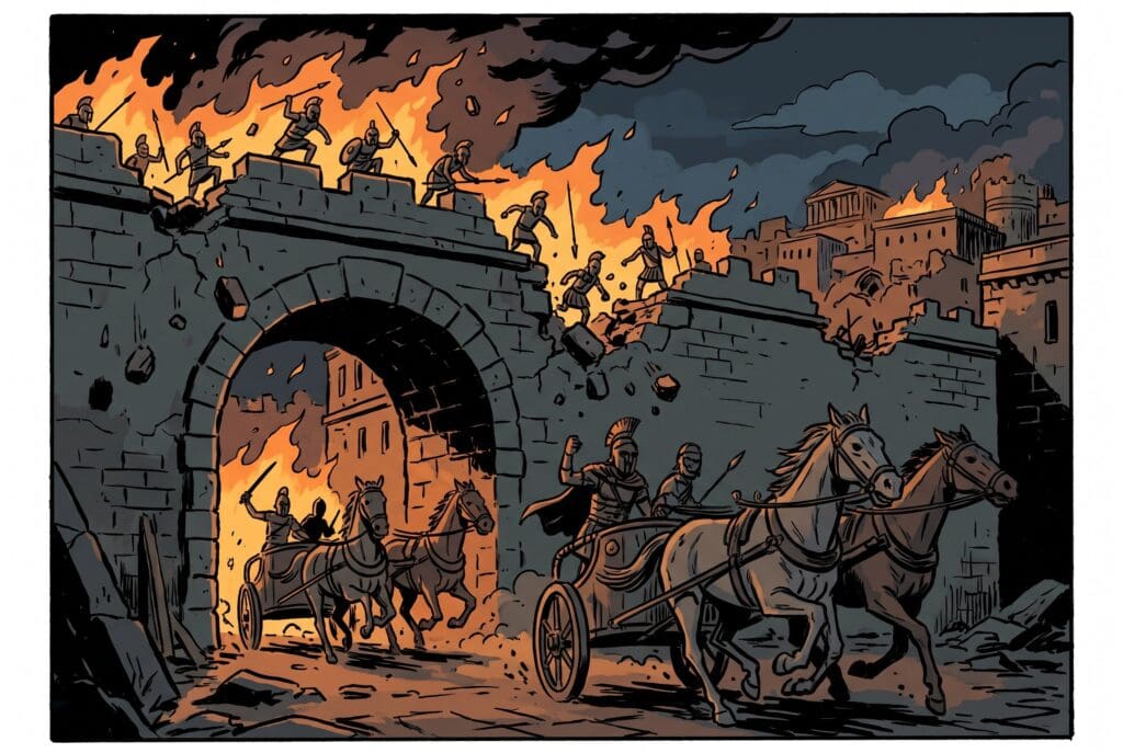 Comic book style illustration depicting a scene from Nahum chapter 2