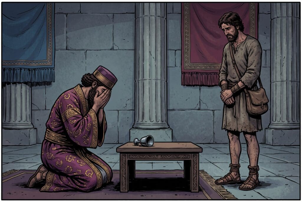 Comic book style illustration depicting a scene from Nehemiah chapter 1