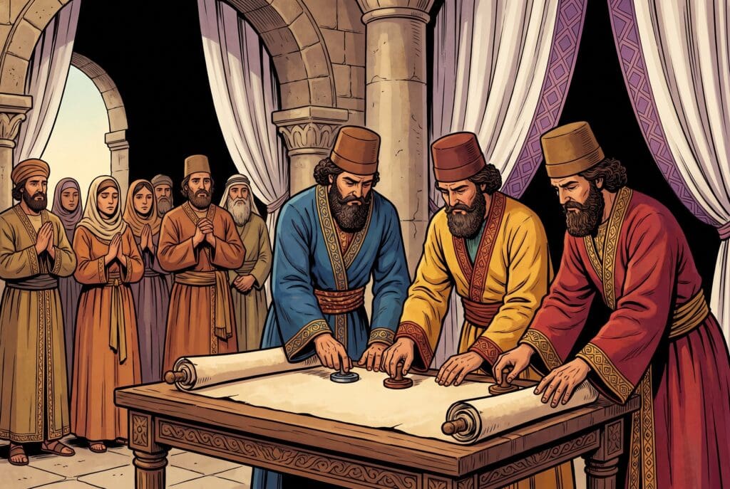 Comic book style illustration depicting a scene from Nehemiah chapter 10