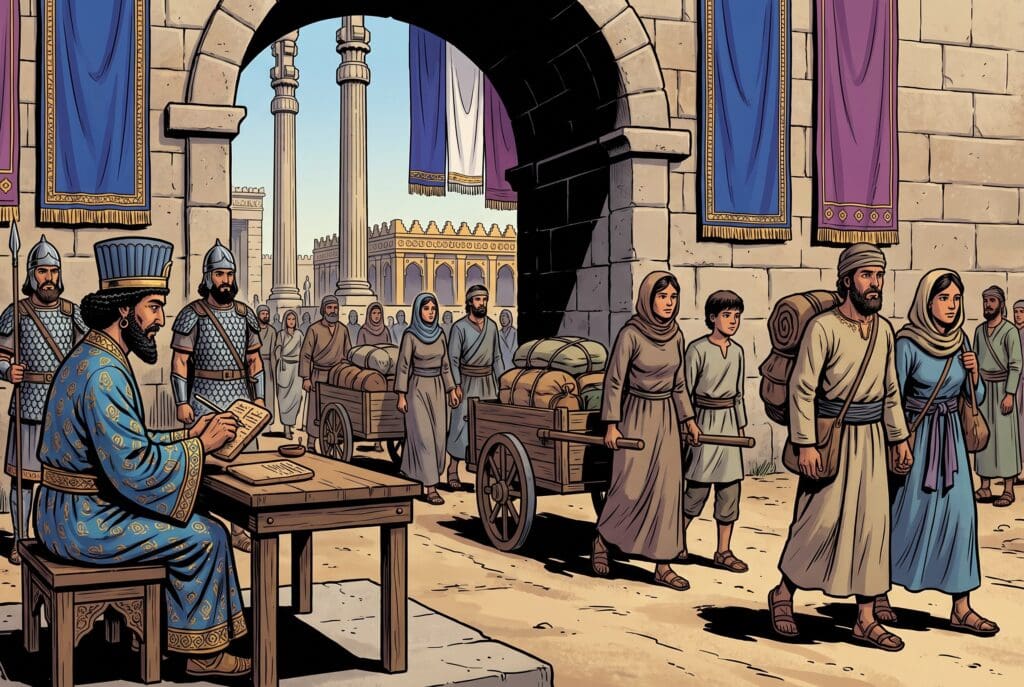 Comic book style illustration depicting a scene from Nehemiah chapter 11