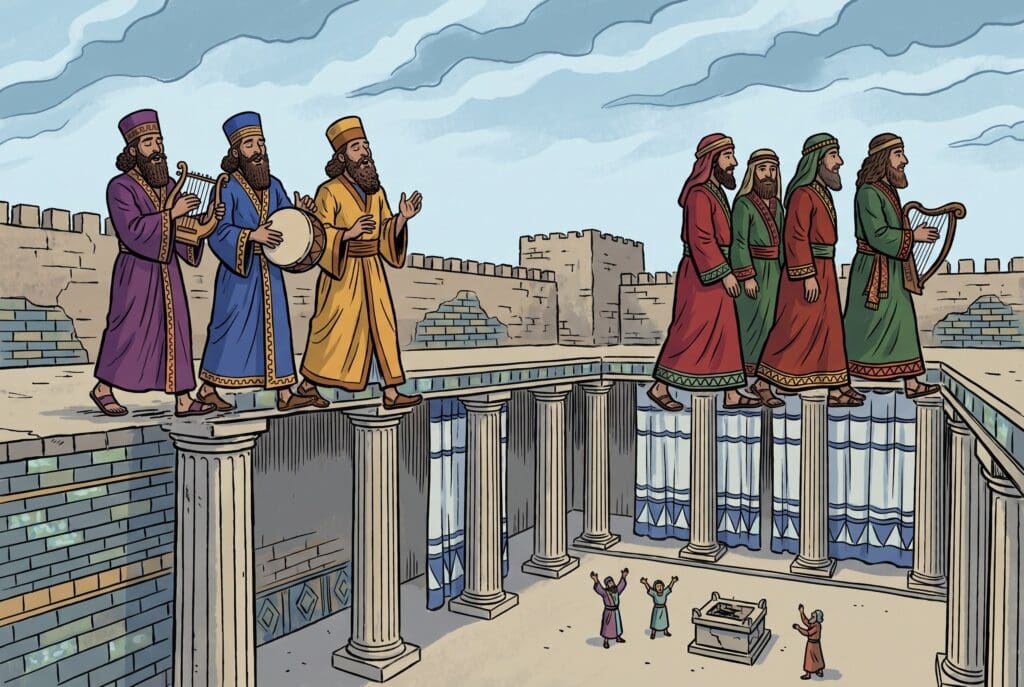 Comic book style illustration depicting a scene from Nehemiah chapter 12