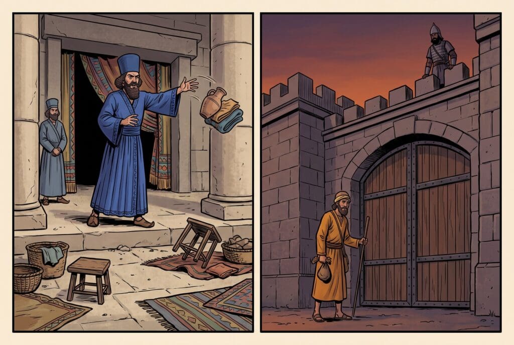Comic book style illustration depicting a scene from Nehemiah chapter 13