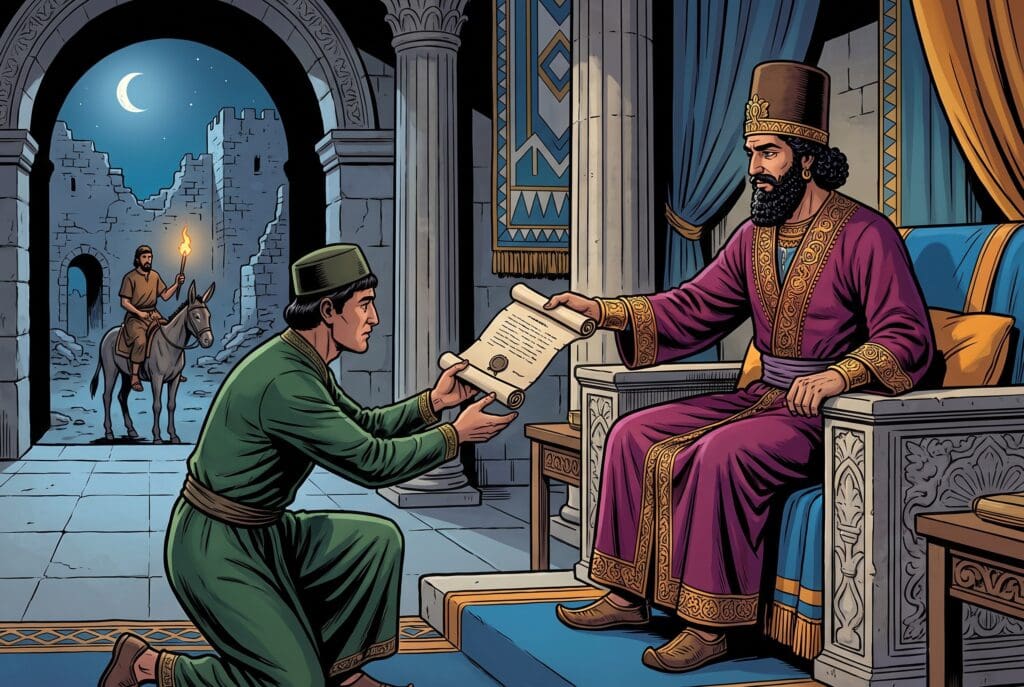 Comic book style illustration depicting a scene from Nehemiah chapter 2