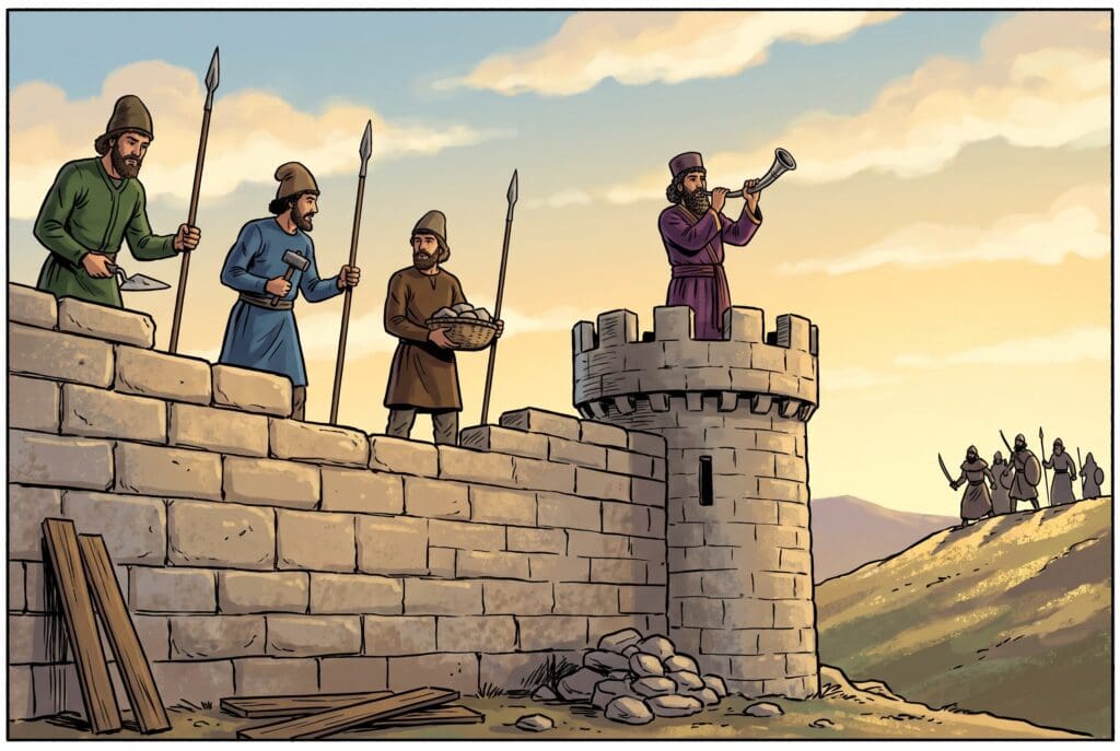Comic book style illustration depicting a scene from Nehemiah chapter 4