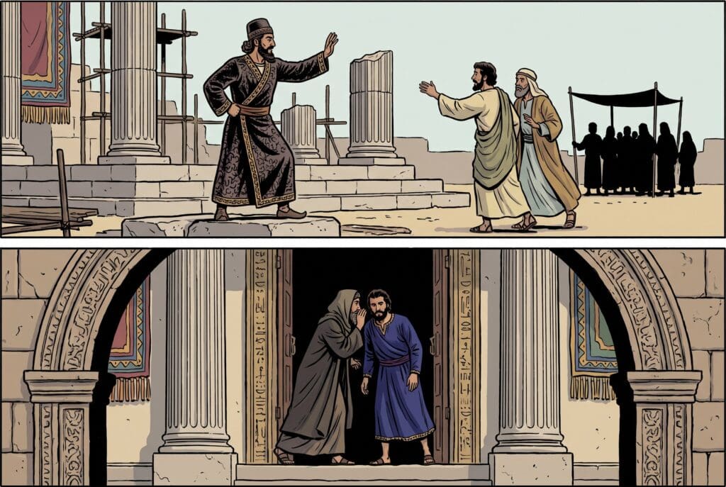 Comic book style illustration depicting a scene from Nehemiah chapter 6
