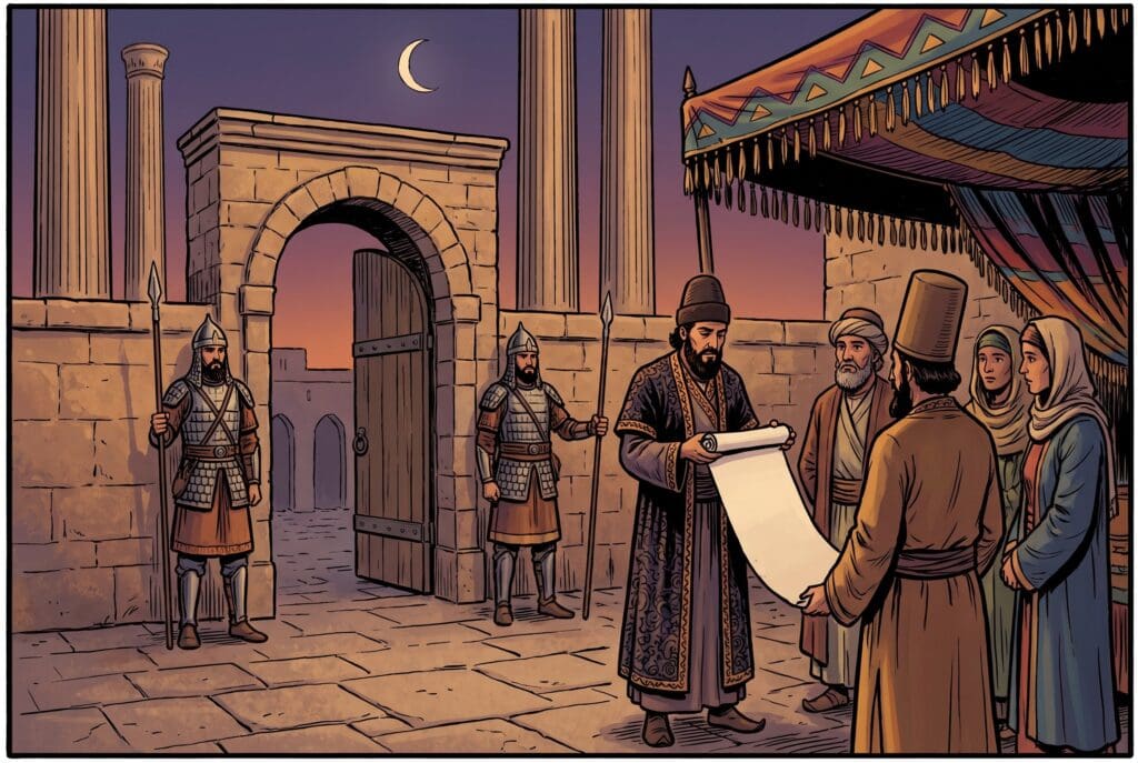 Comic book style illustration depicting a scene from Nehemiah chapter 7