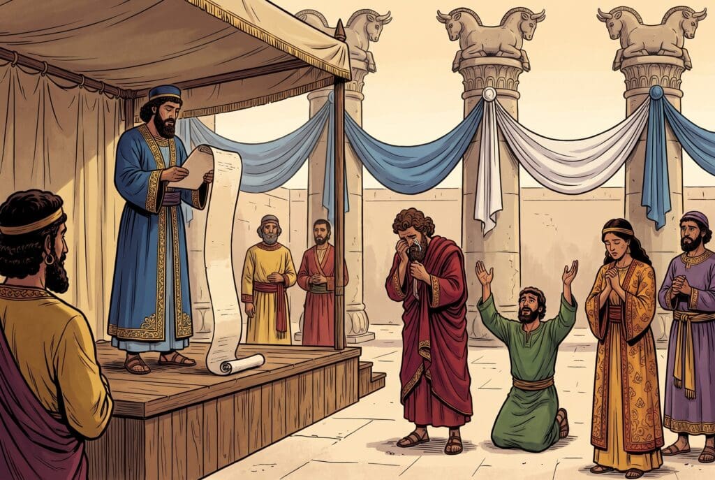 Comic book style illustration depicting a scene from Nehemiah chapter 8