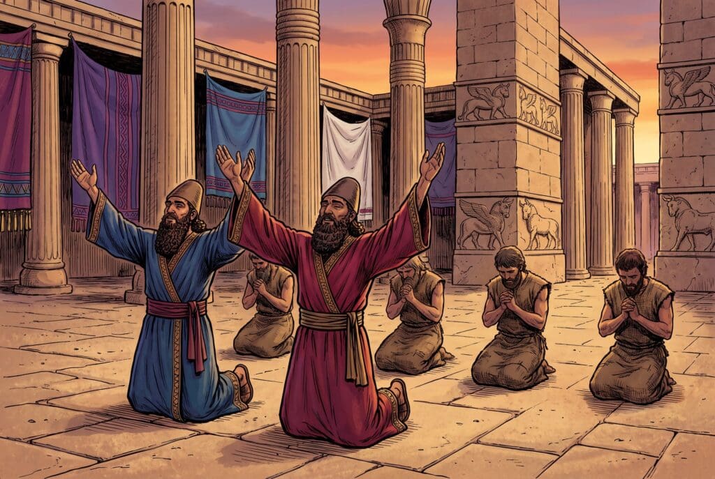 Comic book style illustration depicting a scene from Nehemiah chapter 9