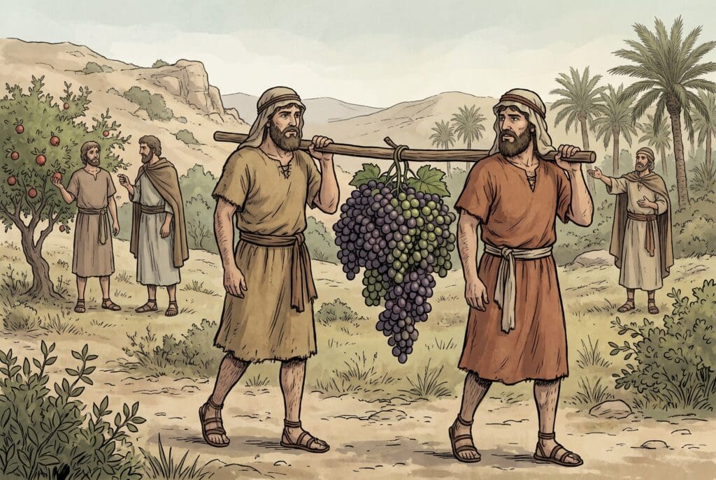 Comic book style illustration depicting a scene from Numbers chapter 13