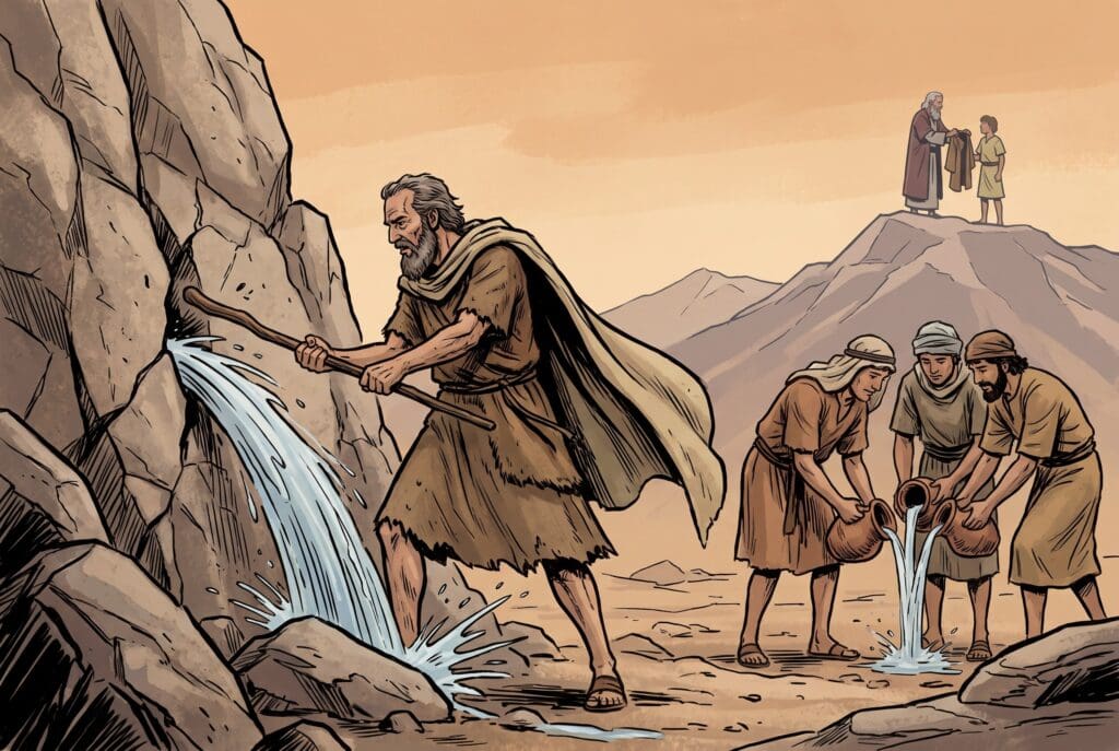 Comic book style illustration depicting a scene from Numbers chapter 20