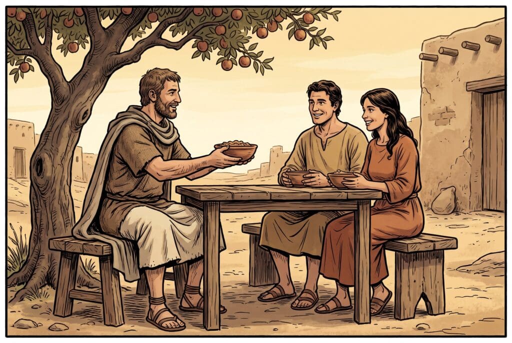 Comic book style illustration depicting a scene from Sirach chapter 14