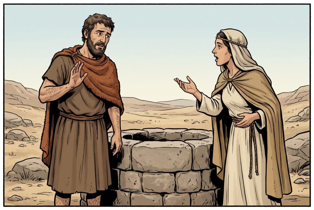 Comic book style illustration depicting a scene from Sirach chapter 19