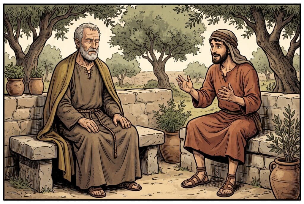 Comic book style illustration depicting a scene from Sirach chapter 20