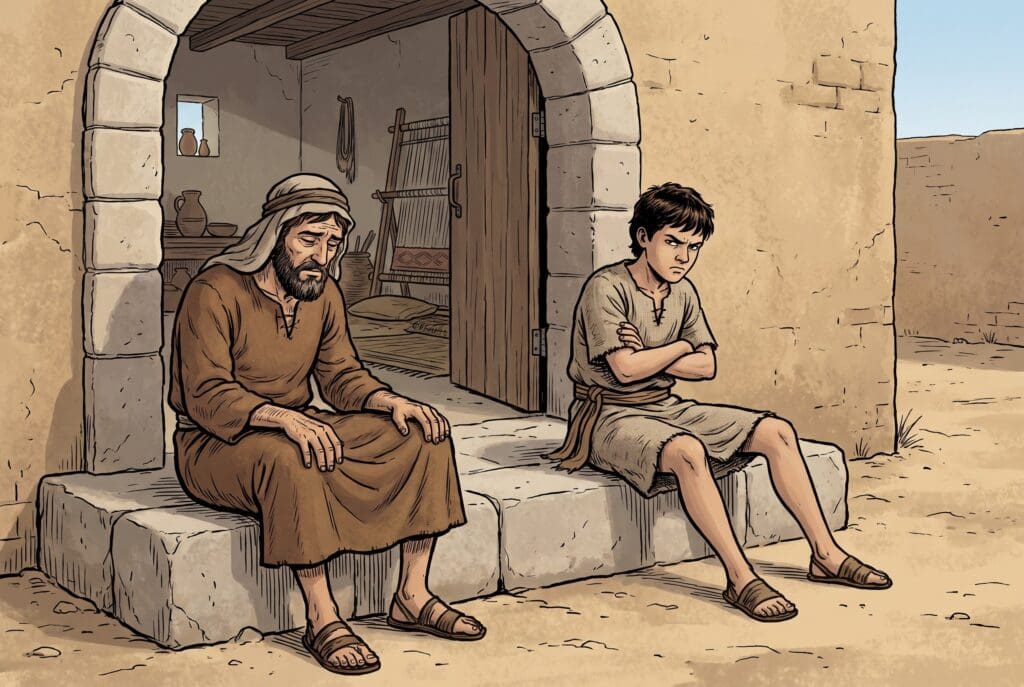 Comic book style illustration depicting a scene from Sirach chapter 22