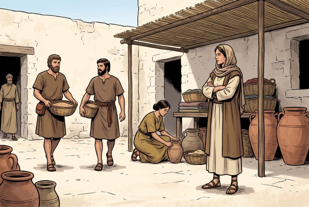 Comic book style illustration depicting a scene from Sirach chapter 26